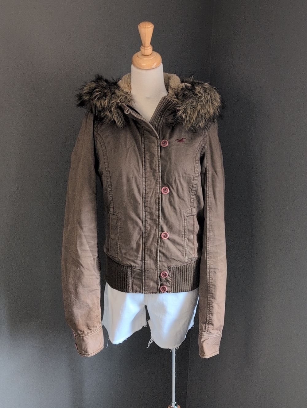 Y2K Hollister Brown Bomber Jacket with Faux-Fur Hood Trim Large